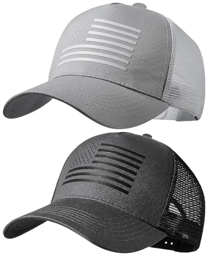 spxkd American Flag Trucker Hat，USA Hat for Men Women Snapback Baseball Cap Adjustable Breathable Mesh Side Durable Hats Outdoor (US, Alpha, Small, 2 Pcs Light Grey and Dark Grey) - Image 1