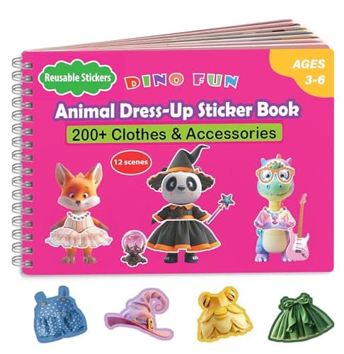 Dino Fun Animal Dress-up Sticker Book for Kids, Reusable Sticker Book for Toddlers 2-4 Years,12 Animals+Over 200 Cloths & Accessories,Sticker Dress up - Removable Sticker Activity Book for Girls