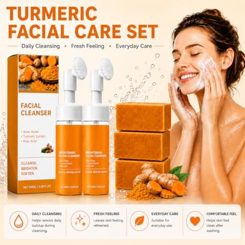zhnnt 5Pcs Turmeric Wash and Care Set,2Pcs Tuemeric Facial Cleanser & 3 Pcs Turmeric Soap Bars,Face & Body Cleanser,Turmeric Cleansing Skincare Set, Deep Cleansing - Thumbnail 4