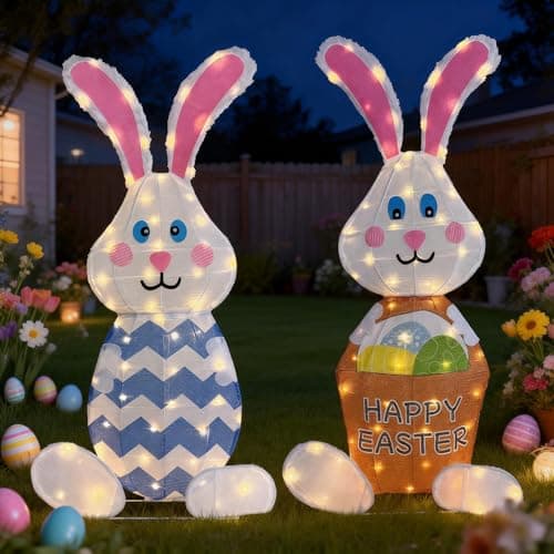 Outdoor Easter Rabbit Yard Decorations, 38 Inch Lighted Metal Decor with 120L, Set of 2 Plug-in LED Bunny Couple Festive Holiday Ornaments for Garden Patio Yard Porch Lawn Display
