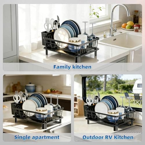 GAOKASE Dish Drying Rack, Stainless Steel Space-Saving Dish Rack, Dish Racks for Kitchen Counter, Kitchen Dish Drainers with Removable Utensil Holder,New Drain Outlet,Plate Rack and Drainboard, Black - Thumbnail 4
