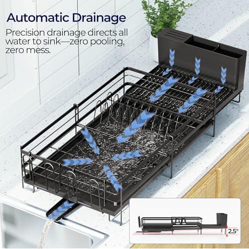 Pantasia Large Dish Drying Rack, Expandable Dish Rack for Kitchen Counter, Dish Drainer with Drainboard Set, Multifunctional Dishrack with Utensil & Cup Holder, 13.4"-28.7" L x 11.8" W x 7.8" H, Black - Thumbnail 4