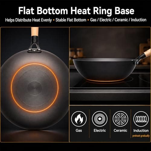 WANGYUANJI 12.6 Inch Carbon Steel Wok Pan with Glass Lid and Spatula, Nitrided Flat Bottom Stir Fry Pan, Uncoated Chinese Iron Wok for Gas, Electric, Ceramic and Induction Cooktops - Thumbnail 5