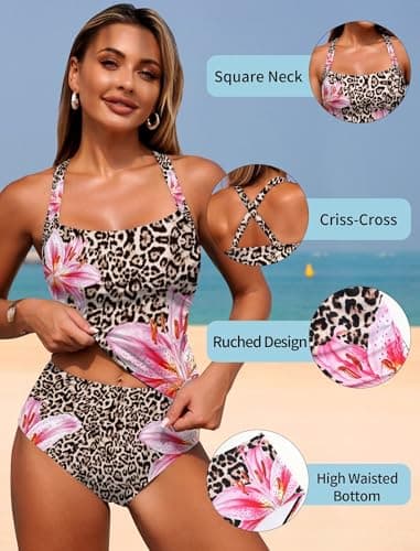 ZAFUL Women's Tankini Swimsuits Tummy Control Two Piece Swimsuit Ruched Tankini Bathing Suits Swimwear Leopard 2XL - Thumbnail 4
