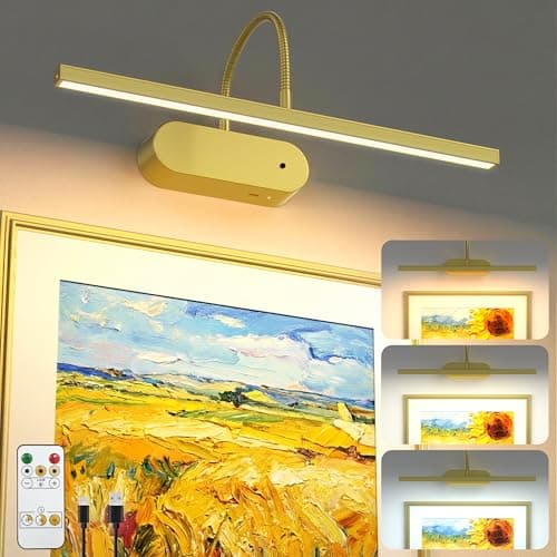 Rechargeable Picture Lights for Wall, Battery Operated Wall Light with Flexible Gooseneck, Wireless Art Lighting for Paintings & Portraits, Remote Control, 3 Colors Dimmable, Timer (Gold, 1 Pack) - Image 1
