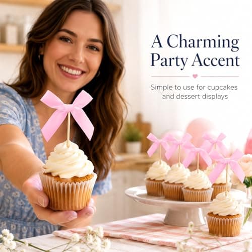 Oeyliz Pink Bow Cupcake Toppers Bow Cake Topper Decorations 24 PCS Pink Bows Cupcake Toppers Birthday Party Decorations Cake Bow Cupcake Topper for Baby Shower Birthday Wedding Bridal Party Supplies - Thumbnail 3