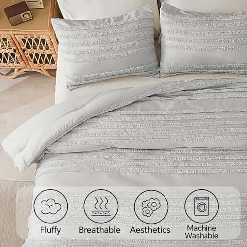 BEDELITE Boho Twin/Twin XL Comforter Set，Light Grey Tufted Striped Bed Set 2 Pieces, Soft Vintage Farmhouse Comforter for College, Boho Home Dorm Decor, Fluffy Jacquard Bedding with 1 Pillow Sham - Thumbnail 4