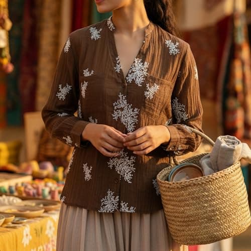 Women's Long Sleeve Roll Up V Neck Button Down Embroidered See Through Lightweight Coffee Chocolate Tunic Casual Summer Spring Shirts Boho Cotton Crinkle Gauze Blouse Sheer Floral Shirt Large L - Thumbnail 4