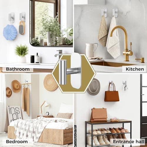 IMUMU Adhesive Towel Hooks for Shower,Waterproof Heavy Duty Bathroom Hooks,Wall Mounted Sticky Hangers for Coats/Aprons/Robes,No Drilling(Silver,2 Pack) - Thumbnail 3