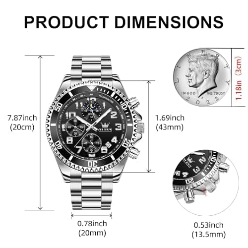 OLEVS Watch Men Luxury Black Face Silver Stainless Steel Dress Wrist Waterproof Quartz Analog Watches for Men Nice Fashion Chronograph Moon Phase Luminous Large Face Mens Watches Relojes para Hombres - Thumbnail 4