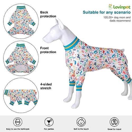 LovinPet Dog Onesie for Surgery Male Large Breed, Undershirt for Pitbull Dog,Lightweight Stretchy Flannel Fabric,White Noah's Ark Alphabet Print,Big Dog Jammies,Uv Protection Shirt,Easy to Wear,2XL - Thumbnail 3