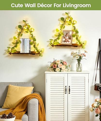 Macrame Hanging Shelf for Wall Decoration with Eucalyptus Lighted Garland,2 Pack Boho Hanging Shelves&Greenery Eucalyptus Garland with Lights for Bedroom Living Room Boho Wall Décor, Wedding Décor - Thumbnail 3