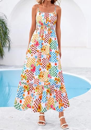 BTFBM Summer Dresses for Women 2026 Sundresses Sleeveless Spaghetti Strap Boho Beach Vacation Outfits Spring Maxi Dress(Floral Plaid Multicolored, Medium) - Thumbnail 4