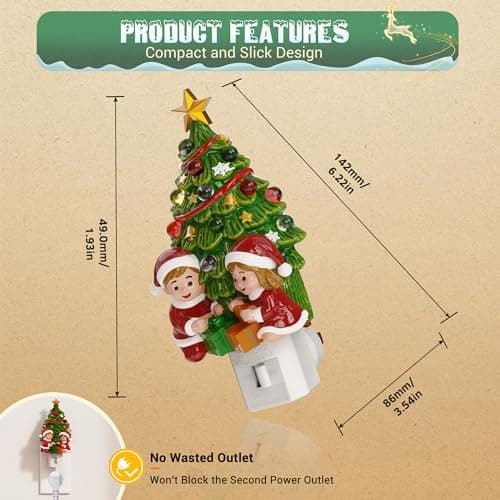 JandCase Christmas Tree & Santa Claus Night Light, 3000K Night Lights Plug into Wall,Cute & Funny Ceramics Christmas Night Light for Kids, 360° Rotatable for Home Party Decor,1 Pack - Thumbnail 5