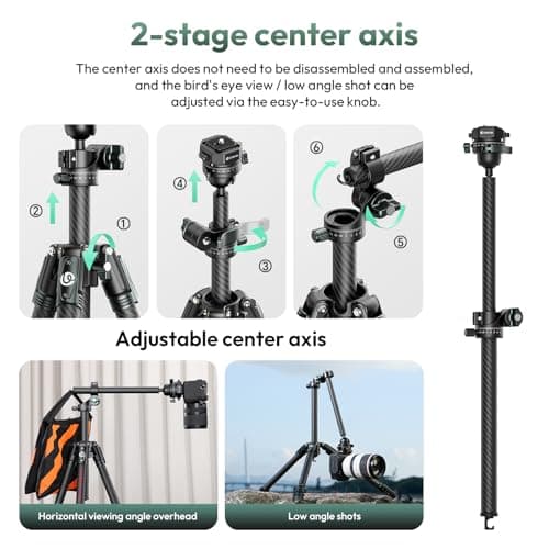 ULANZI JJ05 GlideGo Carbon Fiber Photo Tripod, Dual 360° Pan Head, 72.4 inch Max Height, 11 lb Load, UKA Quick Release, Professional Portable Lightweight Travel Tripod with Bag - Thumbnail 2