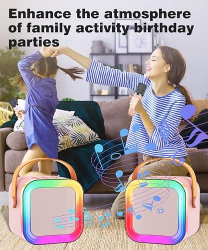 Mini Karaoke Machine Speaker for Kids Adults,Portable Bluetooth with 1-2 Wireless Microphones,Christmas Birthday Gifts Toys Girls Boys Ages 4, 5, 6,7, 8,9,10,11,12+ Years Old Toddler (Pink - 1 Mic) - Thumbnail 6