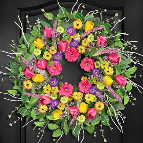 ICX Spring Wreaths for Front Door, 24 Inch Artificial Tulip & Wildflower Floral Wreath, Large Spring Front Door Wreath, Flower Wreath for Porch Wall Farmhouse Window Home Decor Housewarming Gift - Image 1