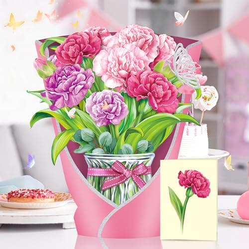 Airpark Pop Up Flower Cards, 3D Paper Flowers Bouquet Birthday Card 10’‘ with Blank Note and Envelope, Mother's Day, Get Well Greeting, Anniversary, Thank You Gifts Cards for Women Mom Girls Friends, Pink Carnations - Thumbnail 2