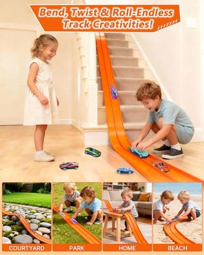 15Ft Flex Track Starter Set – Classic Extra Long Bendable Flexible Race Car Track, Rolls Up Racetrack Portable, Compatible with Diecast 1/64 Scale Cars, Kids 3+ Years-Orange - Thumbnail 4