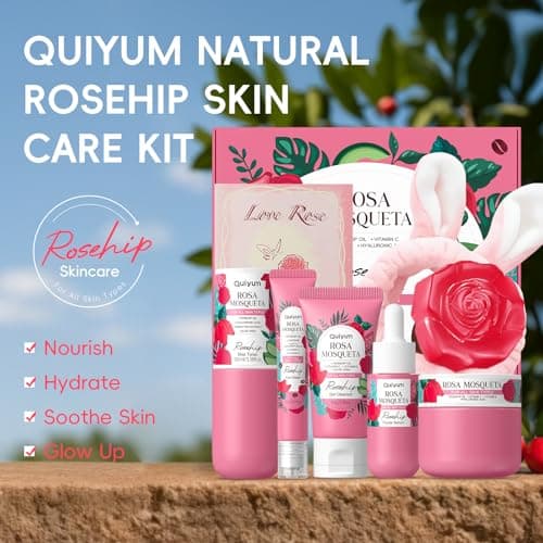 QUIYUM Skin Care Set, with Natural Rosehip Oil, Vit C & E Skincare Kits, Restore Skin Elasticity, Refine Texture, Even Tone, Moisturizing, Glow Up, for All Skin Types, Mother's Day Birthday Gift, 8Pcs - Thumbnail 2