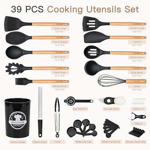 Astercook 39 PCS Kitchen Utensils Set, Silicone Cooking Utensil Sets with Wooden Handle, 446°F Heat Resistant Food Grade Spatula Set, BPA Free Kitchen Gadgets Tools Set & Spoons for Nonstick Cookware - Thumbnail 2