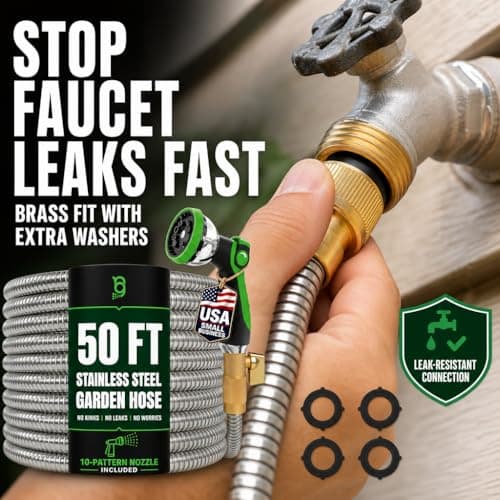 50 FT Garden Hose Stainless Steel Heavy Duty with Spray Nozzle, Lightweight and No-Kink Flexible Water Hose 50 FT with 3/4" Solid Brass Fittings, Metal Waterhose for Outside 50FT, Manguera Para Jardin - Thumbnail 4