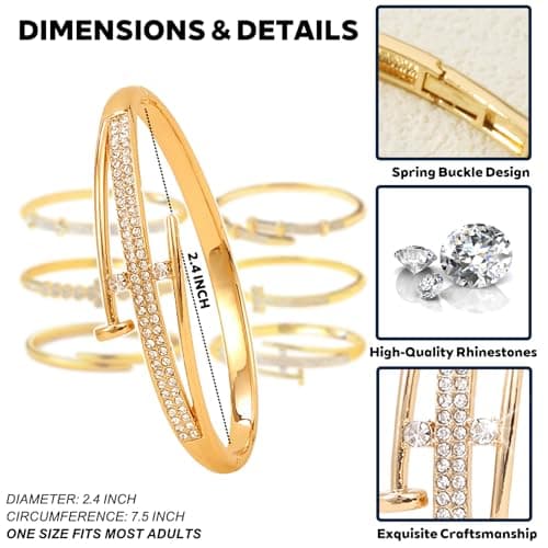 Pack of 6 - Gold Bracelet Bangles Bulk Set for Women,Trendy Stackable, Zinc Alloy Rivet & Four-Leaf Clover Design Stackable Bangles with Rhinestones, 7-inch Circumference Fits Most Adults, Jewelry Gift for Her, Girlfriend, Wife, Mom, Sister, Lover on Birthday, Christmas, Valentine's Day, Mother's Day - Thumbnail 4
