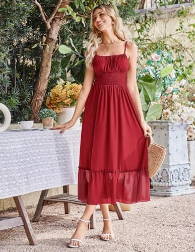 GRACE KARIN Women's Summer Maxi Dress 2026,Smocked Ruched Bust Sundress with Adjustable Straps & Pockets Red XXL - Thumbnail 4