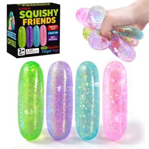 ZAVENIXA 4 Pcs Squishy Stress Capsule Toys, Glitter Sensory Fidget Toys for Kids & Adults, Soft Slow Rising Squeeze Toys for Stress Relief, Classroom Prizes, Party Favors, Christmas Birthday Gifts