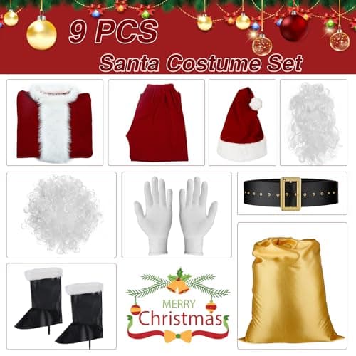 PrettyQueen Santa Claus Costume for Men, Professional Santa Suit Adults Men Christmas Santa Costume Deluxe 9 PCS Santa Outfit (Burgundy, 3XL) - Thumbnail 3