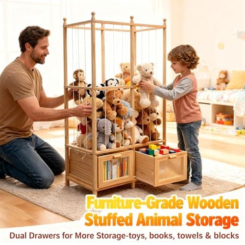 Kompaktayc Stuffed Animal Storage with Two Wooden Drawers, 280L Extra Large Capacity Plush Toy Organizer Tower, Solid Wood Stuffed Animal Zoo Storage for Bedroom, Playroom&Home Organization - Thumbnail 3