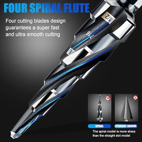 Four Spiral Flute M35 Step Drill Bit Set 3/16"-1/2"(6 Sizes), 1/4" Shank for Metal Step Drill bit, Impact Resistant Cobalt Step Drill Bit, for Stainless Steel, Wood, Aluminum, Plastic - Thumbnail 5