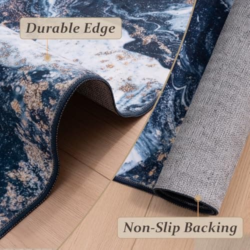 GEMBED Washable Area Rug 4x6 - Artistic Style Modern Rug for Living Room Bedroom Dining Room, Soft Low Pile Machine Washable Carpet, Non Slip Non Shedding Area Rug - Dark Blue/Gold, 4'x6' - Thumbnail 4