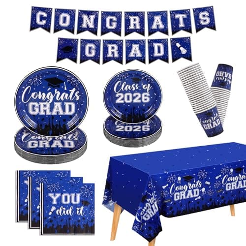 NatNarr Graduation Decorations 2026, Blue Graduation Party Supplies Include Class Of 2026 Grad Plates Napkins Cups Tablecloth Congrats Grad Banner for Middle College High School, Serve 25 Guest - Image 1