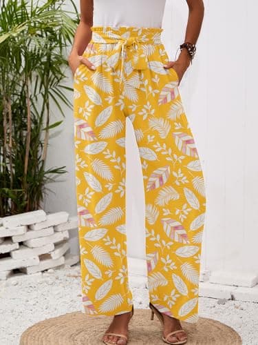 Heymoments Women's Wide Leg Lounge Pants with Pockets Floral Print Medium Lightweight High Waisted Adjustable Tie Knot Loose Comfy Casual Trousers - Thumbnail 2