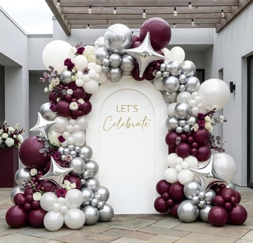 Double Stuffed Burgundy & Pearl White Balloon Arch Garland Kit, Dark Plum Purple Balloons with Silver Foil Stars for Mother's Day,Graduation,Wedding,Bridal,Baby Shower,Birthday Party - Image 1