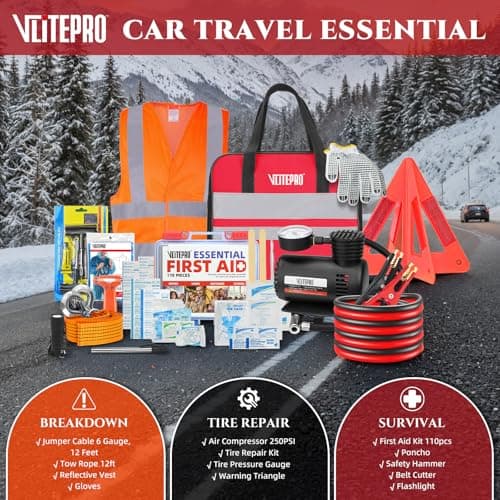 VLITEPRO Car Emergency Kit,Roadside Emergency Car Kit for Vehicles,with Portable Air Compressor,Jumper Cables, First Aid Kit, Roadside Assistance Emergency Safety Kit for Women,Men,Teen (Black+red) - Thumbnail 5
