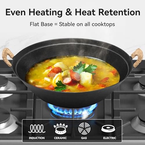 WANGYUANJI 13.4 Inch Cast Iron Wok with Wooden Lid and Iron Spatula, Flat Bottom Double-Handle Chinese Stir Fry Pan, Uncoated Cast Iron Wok for Induction, Gas and Electric Stoves - Thumbnail 6