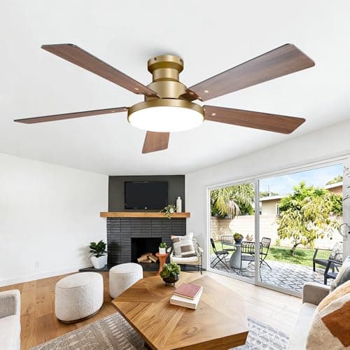 CalorHoga 52 Inch Low Profile Gold Ceiling Fans with Lights and Remote/App, Modern Flush Mount Black and Gold Ceiling Fan, 12.2'' Large 3CCT LED Light Panel,6-Speed Quiet Motor for Bedroom Living Room - Image 1