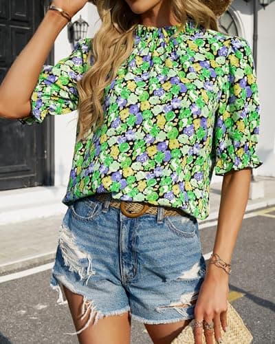 BTFBM Womens Tops 2026 Dressy Casual Blouses Summer Spring Clothes Mock Neck Short Sleeve Shirts Business Work Fall Outfits(Floral Green Black, Small) - Thumbnail 4