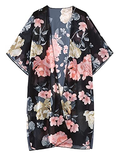 Women's Tropical Floral Boho Beach Long Swimsuit Kimono Cover Ups Summer Chiffon Cardigans Dusters Hawaiian Maternity Tops Sheer Thin Black Small - Thumbnail 4