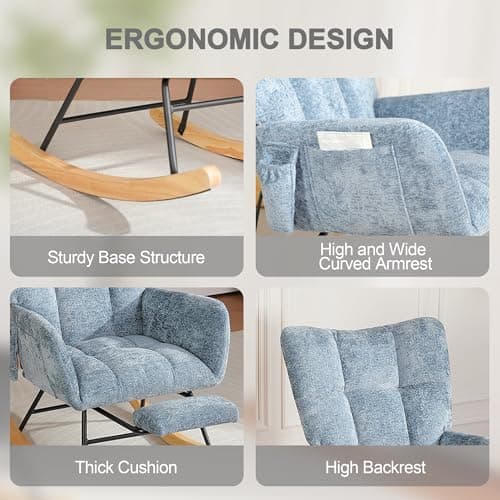 Chistronger Rocking Chair Nursery with Airbag, Comfy Modern Nursery Rocking Reading Chair Indoor with Footrest, Cozy Upholstered Glider Rocker Chairs for Living Room Bedroom Offices(Chenille, Blue) - Thumbnail 6