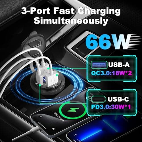 Aluminum Alloy 12V USB C Outlet,Dual Quick Charge 3.0 Port and PD 3.0 USB Car Socket,Cigarette Lighter Replacement Fast Charging Adapter,Car Charger with Voltmeter and Switch for for Auto RV Truck - Thumbnail 2