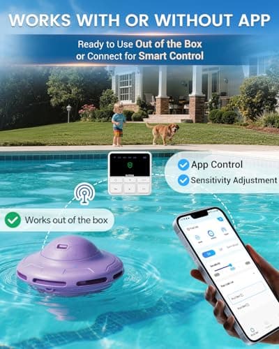 Smart Pool Alarm with App for Inground & Above Ground Pools, Adjustable Sensitivity Water Detection Alarm up to 20x40ft, 85dB+ Safety Alerts for Kids, Pets & Accidental Entry(Purple) - Thumbnail 2