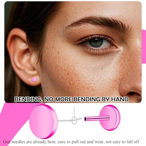ZDE Women Earrings Threadless Flat Back Dot Earrings Titanium Hypoallergenic Cartilage Non-Nickel Black Push in Earrings Studs for Sensitive Ears Simple Classic Earstuds (Pink, 5MM) - Thumbnail 5