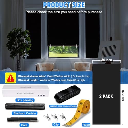 Hezbjiti 2Pack Blackout Shades for Indoor Windows, Portable Blackout Curtains No Drilling or Tools, UV Protection, Temporary Window Roller Shades for Home, Office, Bedroom, Door (26" W*68" H, Black) - Thumbnail 5