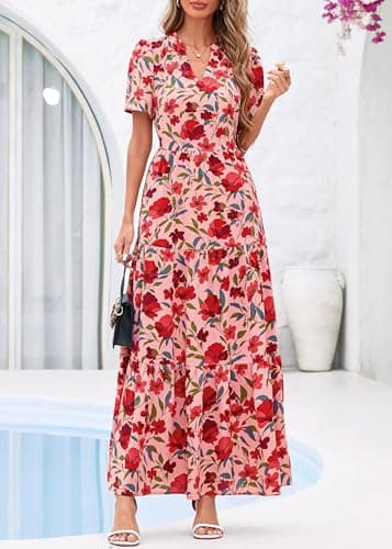 KIRUNDO Womens Floral Boho Flowy Maxi Dress, Pink Red Flower, Large - Thumbnail 5
