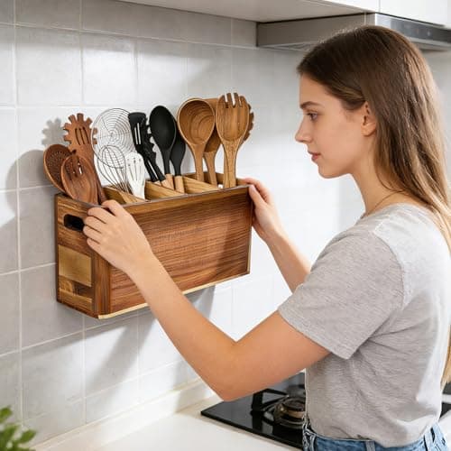 VLXXOI Large 4-Compartment Acacia Wooden Utensil Holder, Rustic Kitchen Counter Organizer, Extra Large Wood Storage Container for Cooking Utensils and Silverware - Thumbnail 6