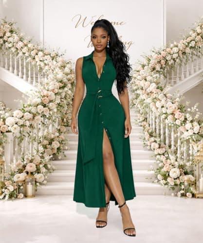Deep V Neck Button Down Dress for Women Sleeveless Collared High Split Long Shirt Dresses Cocktail Wedding Party Maxi Dress Green 2XL - Thumbnail 2