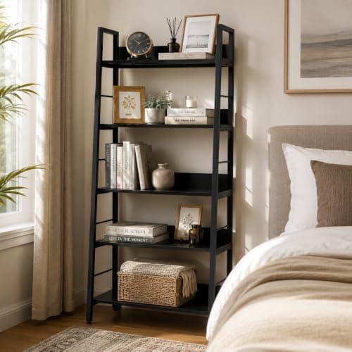 BATHWA 5 Tier Book Shelf, Rustic Industrial Ladder Bookshelf Wood Metal, Dark Brown Farmhouse 28'' Wide 59''Tall Ladder Shelf Living Room, Bedroom, Home Office - Thumbnail 5